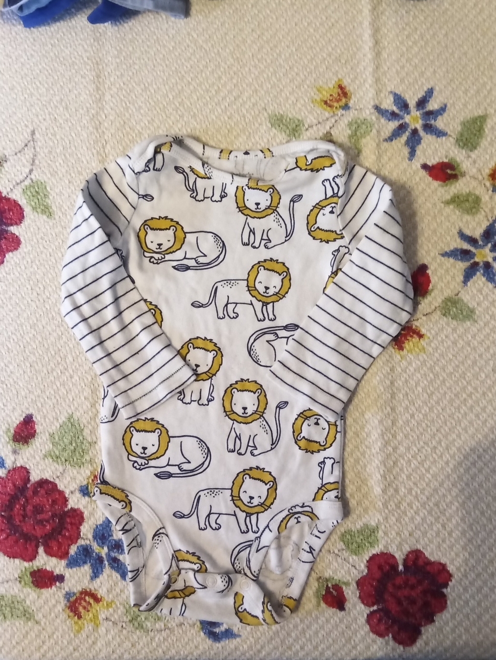 Carter's White One-Piece Bodysuit with Yellow Lion Print & Navy Stripes